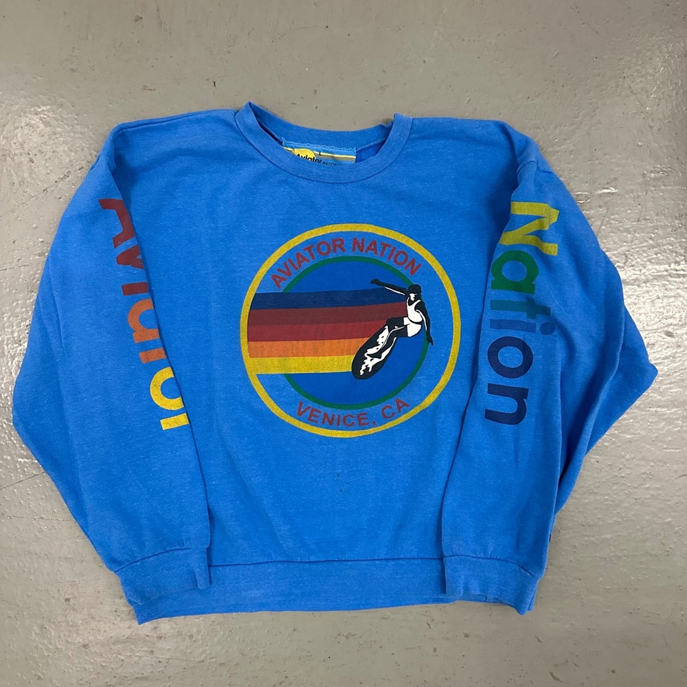 Aviator Nation Mens Sweatshirt Large Blue Preowned Venice CA Graphic Stains